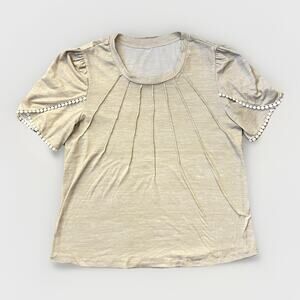 Women’s Beige Cream Short Sleeve Pleated Top Pom Pom Trim Size Small